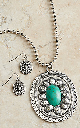 Blazin Roxx Silver Oval Concho Pendant with Turquoise Stone Jewelry Set