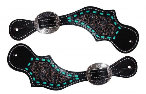 Teal buck stitch design spur straps.