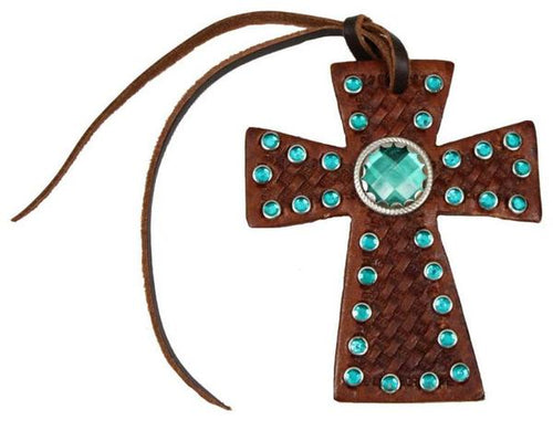 Leather tie on cross with teal green rhinestones - Aces & Eights Western Wear, Inc. 